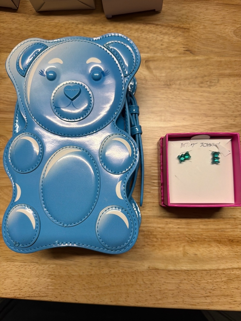 Betsey Johnson Blue Patent Leather Bear Crossbody Bag with Matching Bear Studs